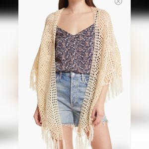 Fringe Open Knit Poncho/Wrap in Beige